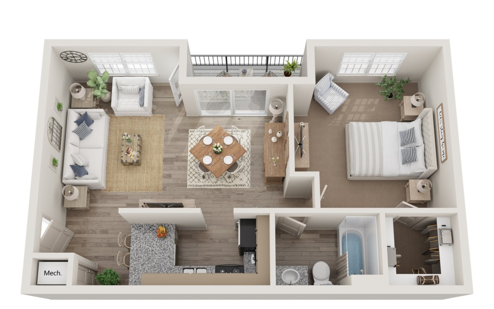 3D floor plan 824 square foot one bedroom