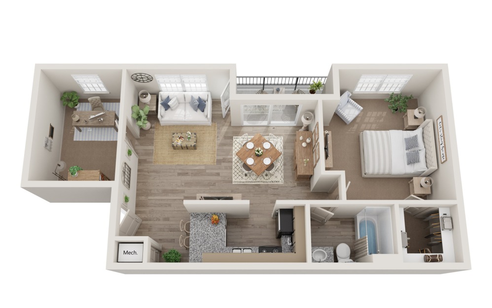 3D floor plan 850 square foot one bedroom with den